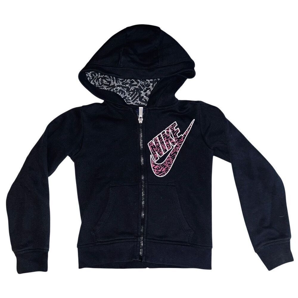 Nike Sweatshirt Girls Size 6 Black Hoodie Full Zip Swoosh